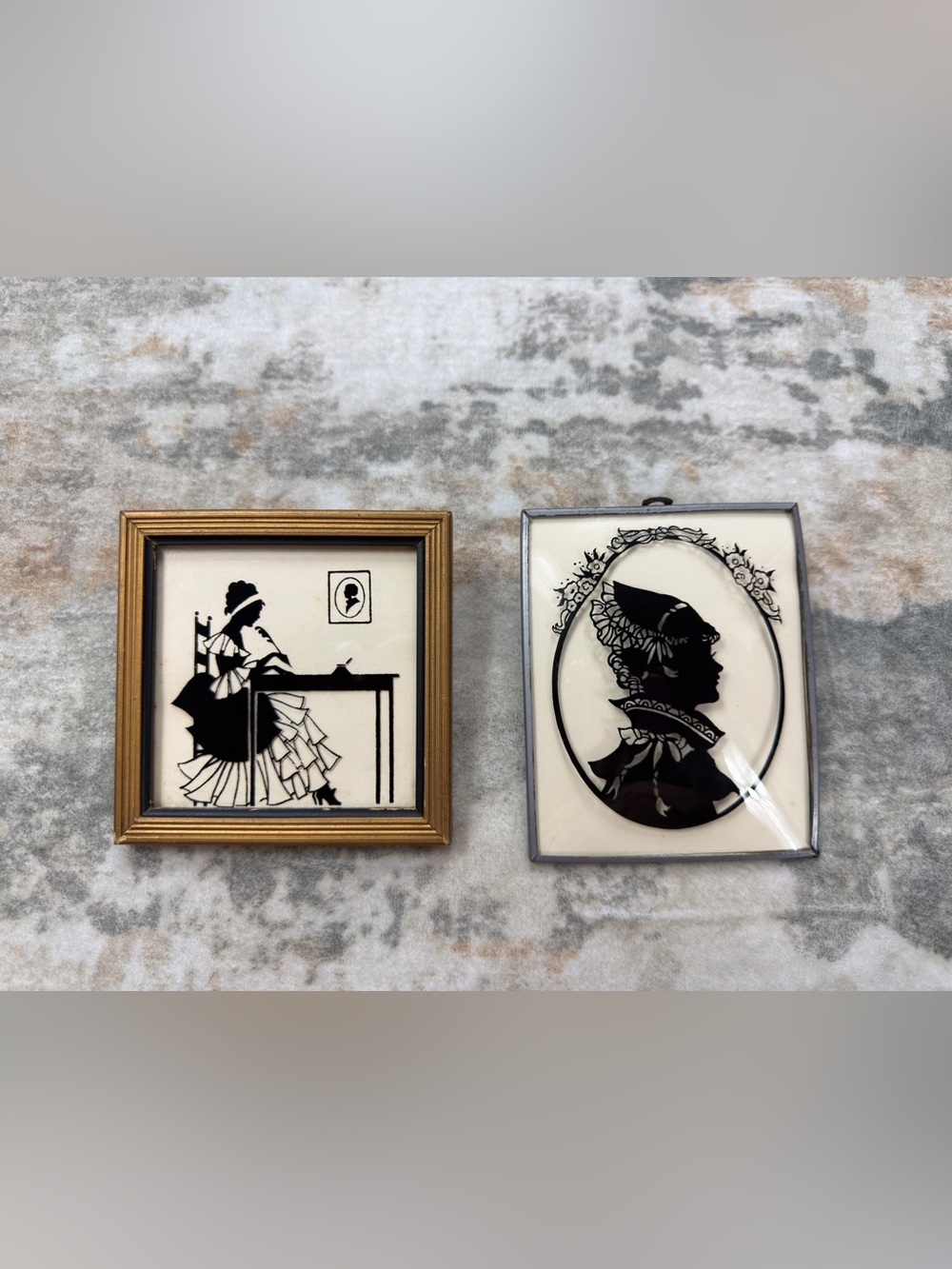 Vintage Black Silhouette Wall Art Pair Victorian Ladies Framed Miniatures